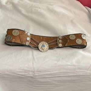 Vintage hide belt with silvertone coins embellishments novelty item